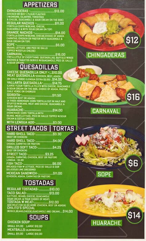 Overall rating. . Chilitos mexican grill menu